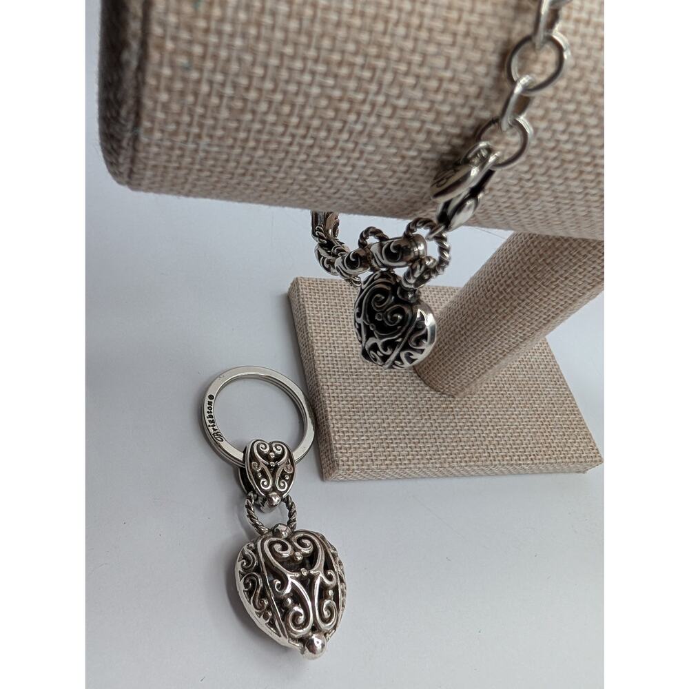 Brighton Scroll Bibi Puffy Heart Charm Bracelet & Matching Keychain Set Silver